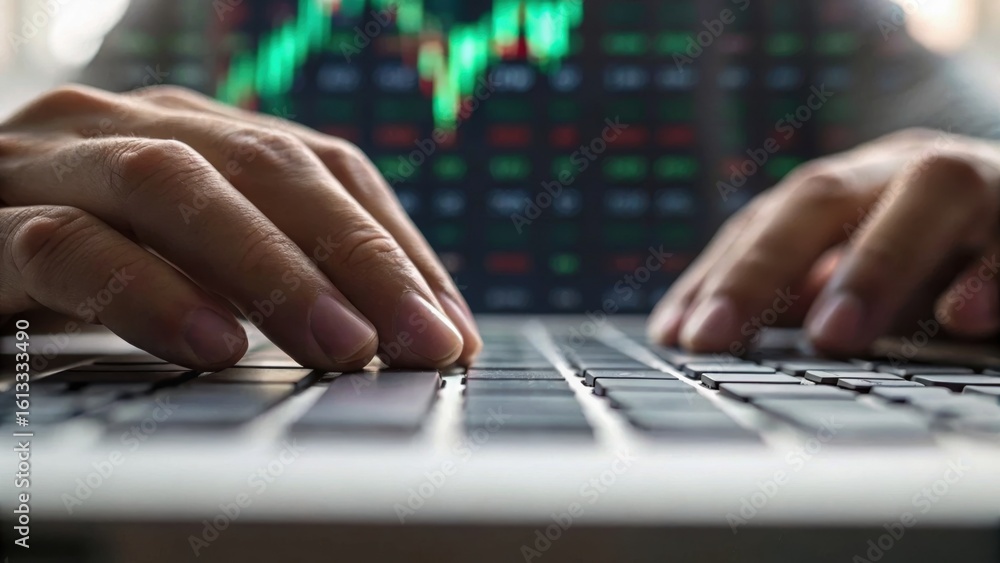 Aufkleber hands typing on a laptop keyboard with a stock market graph blurred in the background.