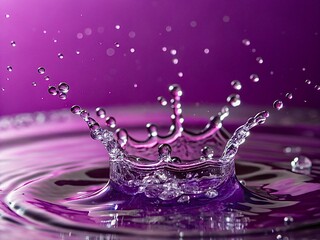 Clear water with splashes on a purple background