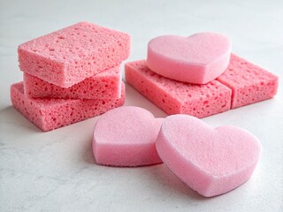 Pink sponges for cleaning on a light background
