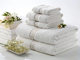 Stack of white pure soft towels on a white background