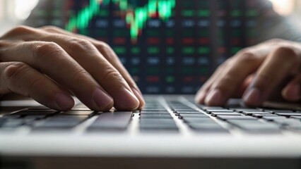 Hands typing on a laptop keyboard with a stock market graph blurred in the background.