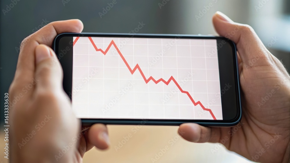 Poster a person holding a smartphone displaying a downward trending graph, indicating a decline in performa