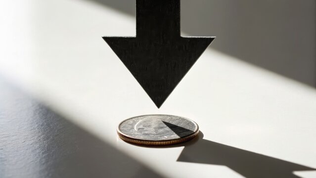 A coin sits on a surface, with a large downward arrow casting a shadow over it, symbolizing decline or reduction.