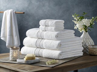 Stack of white pure soft towels on a white background