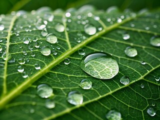 Drops of water on a green leaf, close-up