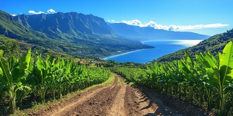 A wide dirt road runs between banana plant rows, lush field and mountains in the background, forming a perfect scene of rural agriculture and prosperity.