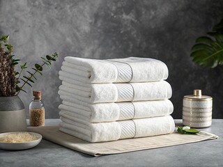 Stack of white pure soft towels on a white background