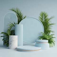 Modern minimalist display with plants and geometric shapes