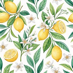 Beautiful seamless pattern with watercolor fresh lemons with leaves