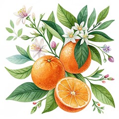 Beautiful set with watercolor fresh oranges with leaves