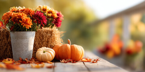 Fall decor, fall window display, decoration. Pumpkins, orange stems, round pumpkins. Chrysanthemums, seasonal flowers. Halloween, Thanksgiving. Grass, hay bales, straw. Autumn banner background