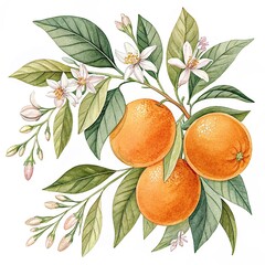 Beautiful set with watercolor fresh oranges with leaves