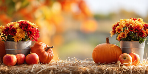 Pumpkins, apples, colorful flowers on a bale of hay. Autumn outdoor decor. Fall banner on the theme of harvest, thanksgiving