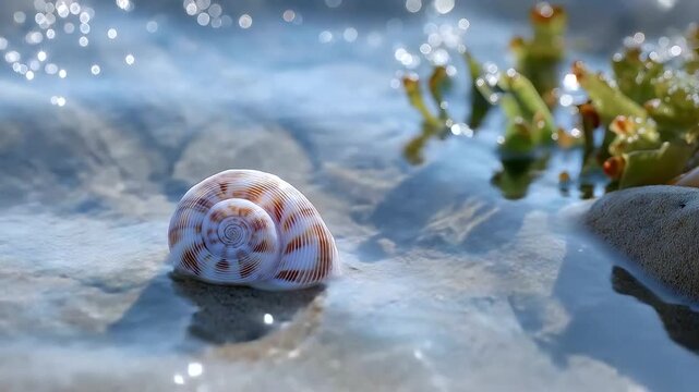 Seashells on a serene shore with tidal pool and seaweed
