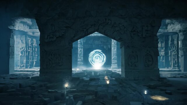 Ancient underground temple revealing a mysterious portal