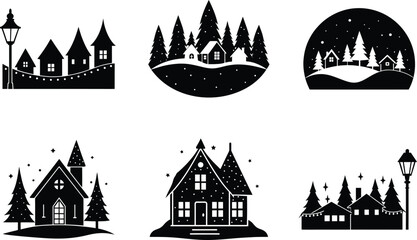 Christmas village vector illustration black silhouette here white color is the transparent, background color