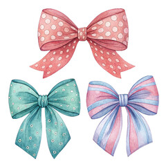 Beautiful stock set with watercolor hand drawn three bow illustrations.
