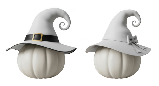 Two white pumpkins wearing witch hats with decorative elements isolated on transparent background