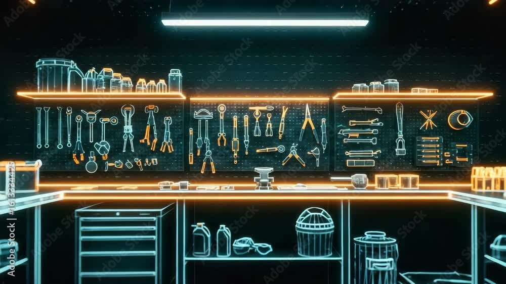 Poster A modern workshop filled with various tools and equipment illuminated by neon lights showcasing a clean and organized space ideal for DIY projects or professional use