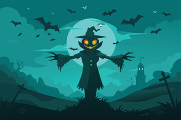 Scarecrow with Glowing Eyes and Full Moon Vector