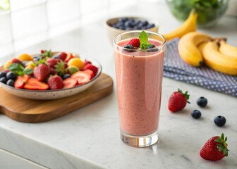 Vibrant overhead shot of a fresh fruit smoothie made with goat milk showing colorful ingredients in a clear glass, ideal for healthy lifestyle and nutritious beverage marketing