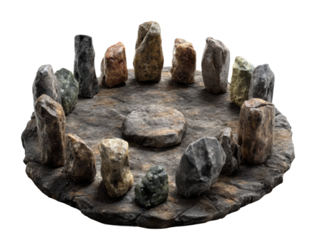 Aerial perspective of ancient stone circle structure model isolated on transparent background, png