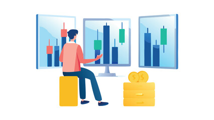Man sitting analyzing stock market charts on screens with coins and a yellow box below him