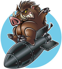 Cartoon style wild boar riding on a falling air bomb 