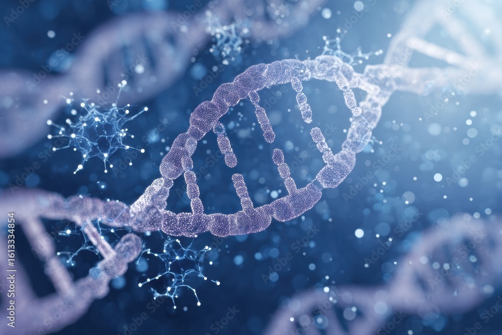 Poster close up view of dna double helix structure with blue background, showcasing intricate details and m