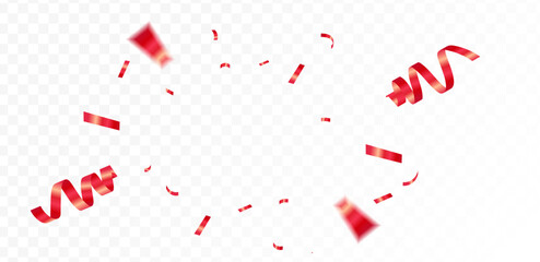 Realistic red confetti and streamer explosion for festive celebrations. Party popper elements isolated on a transparent background.