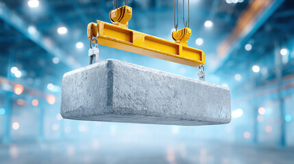 A steel slab is lifted by a magnet crane in an industrial setting, showcasing heavy machinery in action.