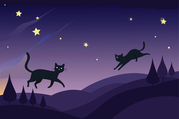 Halloween Black Cats and Starry Night Vector