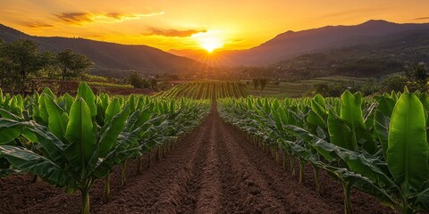 A wide dirt road runs between banana plant rows, lush field and mountains in the background, forming a perfect scene of rural agriculture and prosperity.