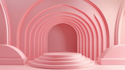 Fototapeta premium Geometrical forms, podium arch, minimal background, pink background. 3D rendering.