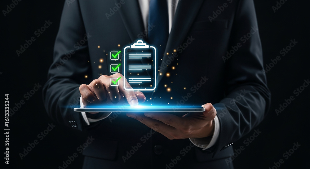 Aufkleber digital checklist, businessman using tablet with glowing task management interface and completed to-