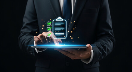 Digital checklist, businessman using tablet with glowing task management interface and completed to-do list, concept of productivity, planning and organization
