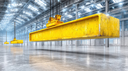 Cranes lifting heavy steel beams inside a steel facility for construction purposes.