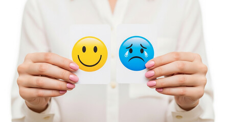 Emotional feedback, woman holding happy and sad emoji cards representing customer satisfaction, user experience, rating system and emotional response evaluation
