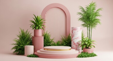 Modern pink arch display with lush greenery and marble accent