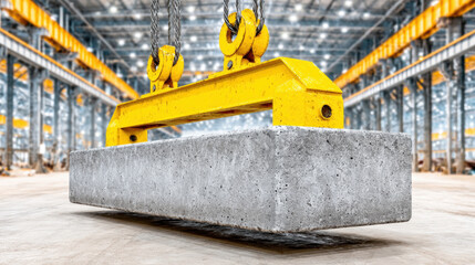 Cranes lifting heavy steel beams inside a steel facility for construction or industrial purposes.