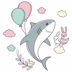 Vector illustration of a Bashful Shark, styled in a Ocean Dreams theme using Soft Pastel colors
