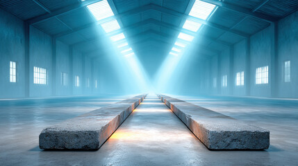 Interior of a steel factory featuring tracks for moving materials and machinery in a modern industrial setting.