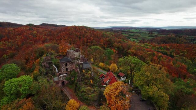 Aerial view ruins of old castle. Ruin of Hohnstein Castle, Harz mountains, Germany.