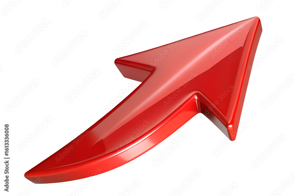 Poster a shiny red arrow pointing upwards, signifying advancement and success, isolated on white isolated o