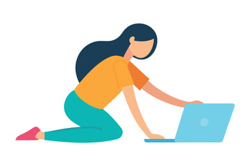 Person kneeling and using a laptop computer on a white background