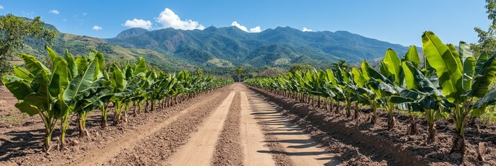 A wide dirt road runs between banana plant rows, lush field and mountains in the background, forming a perfect scene of rural agriculture and prosperity.