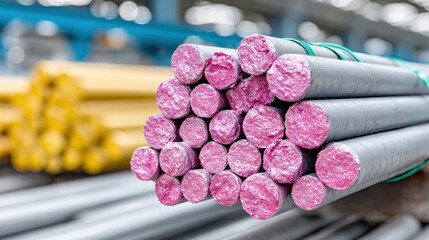 Steel rods being automatically bundled for industrial use in a steel processing environment.