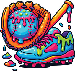 Baseball-themed composition centered around a dripping neon baseball nestled inside a colorful glove