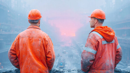 Workers in protective gear at a steel factory engaged in industrial operations.