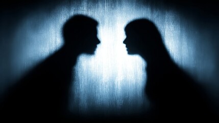 Two silhouetted figures, a man and a woman, stand facing each other with intense expressions,